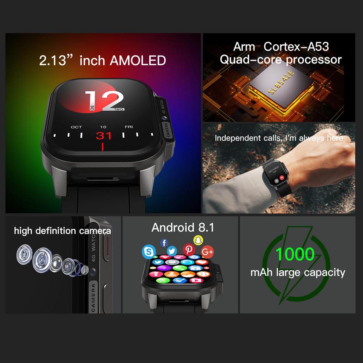 OBA Smartwatch 4G LTE Smart Watch Monitoraggio Salute, cardio, Cassa 49mm, Ossigeno O2, fitness, GPS integrato, IP67,fotocamera, display OMOLED,Batteria 1000Ah, smartphone in soli 49mm Watch S5