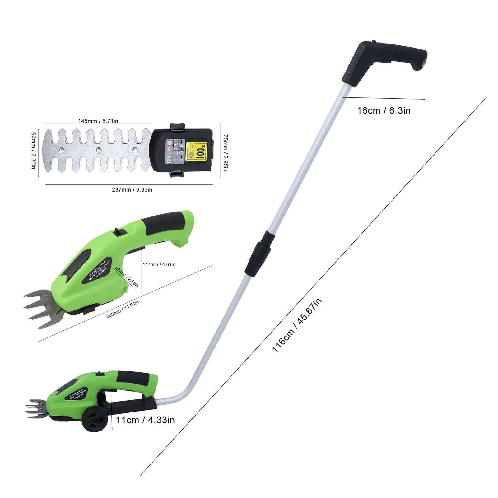 Akku-Heckenschere, 4-in-1-Grasschere und Strauchschneider, Tragbare Elektrische Strauchgrasschere aus Legiertem Stahl mit Wiederaufladbarem Akku und USB-Kabel für Gartenrasen