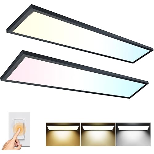 AIKVSXER 1x4 LED Flat Panel Light Surface Mount LED Ceiling Light Black, 5500LM 50W TRIAC 10-100% Dimmable, 3000/4000/5000k Selectable 120V LED Light Fixture for Kitchen/Laundry/Garage 2PACK
