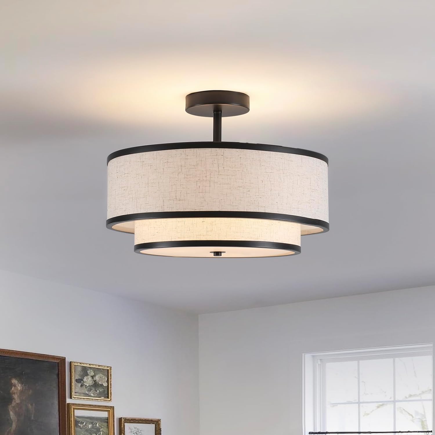 Farmhouse Close to Ceiling Light, 3-Light Flush Mount Ceiling Light Fixture with 2-Layer Fabric Shade, Modern Drum Ceiling Lamp for Hallway Bedroom Living Room (Black)