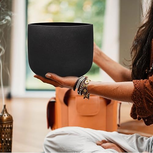 Miniatura 3 de TOPFUND Tazón de cristal negro con diseño de chakra de 8 pulgadas con estuche de transporte de cuero artificial y mazo de gamuza