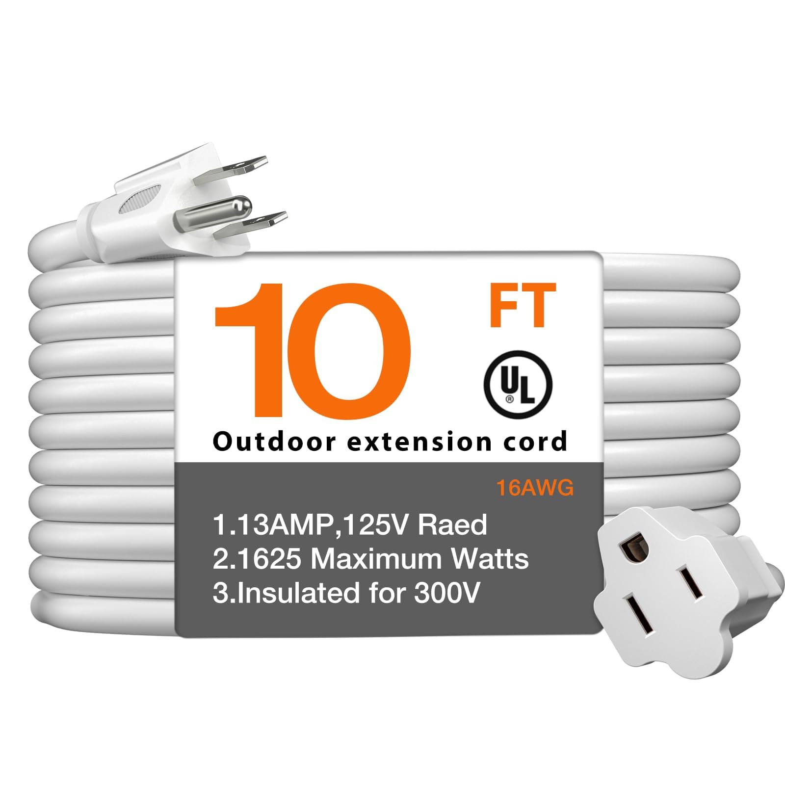 addlon10 Feet Outdoor Extension Cord Waterproof Deep White 16 AWG 3 Prong, Flexible Long Wires Perfect for Home or Office Use, UL Listed