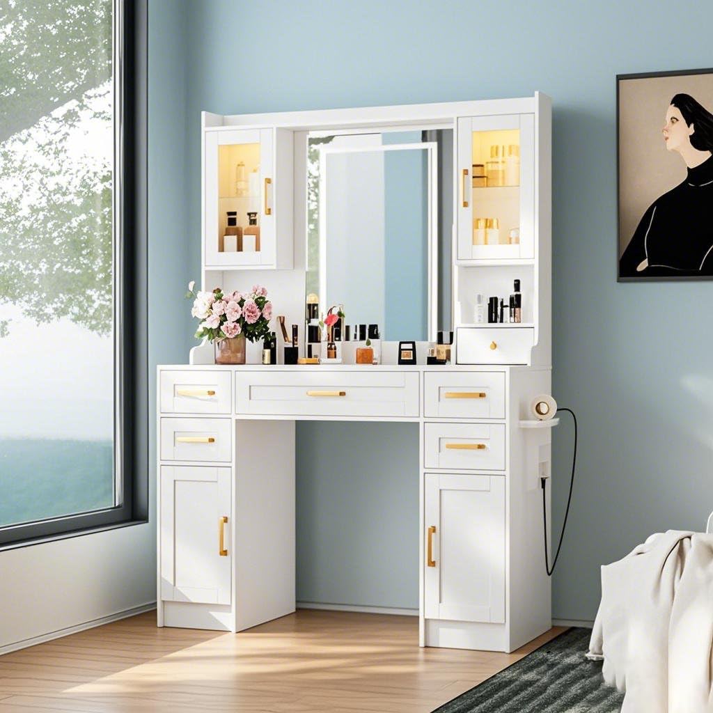 NUNU LAB 42 Inchs Large Vanity Desk with Mirror and Lights with 6 Drawers and 4 Cabinets, Big Women Makeup Table with Power Outlet, 3-Color Adjustable