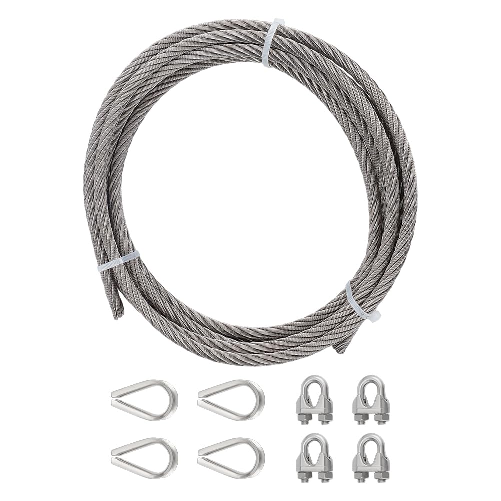 PH PandaHall Cable de acero inoxidable de 10 mm, 5 m, 7 x 19 hebras, cable de metal con guardacabos y abrazaderas, cuerda de alambre de avión para equipos de elevación de barcos, teleféricos