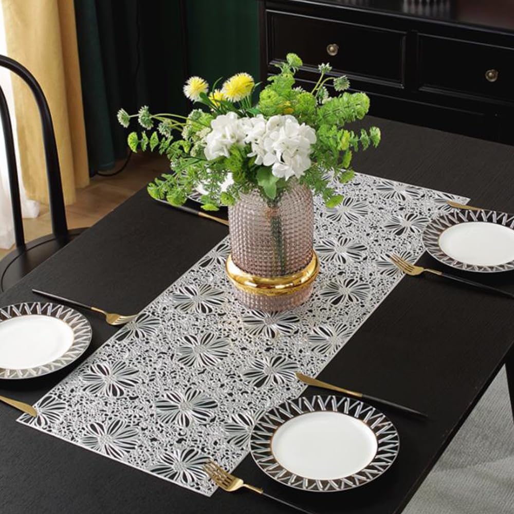 Hosoncovy Hollow Table Runner Non-slip Decorative PVC Table Mats Placemat Protective Heat Resistant Mats for Home Party Kitchen Dining Wedding Decor (91CM X 33CM) (Silver)