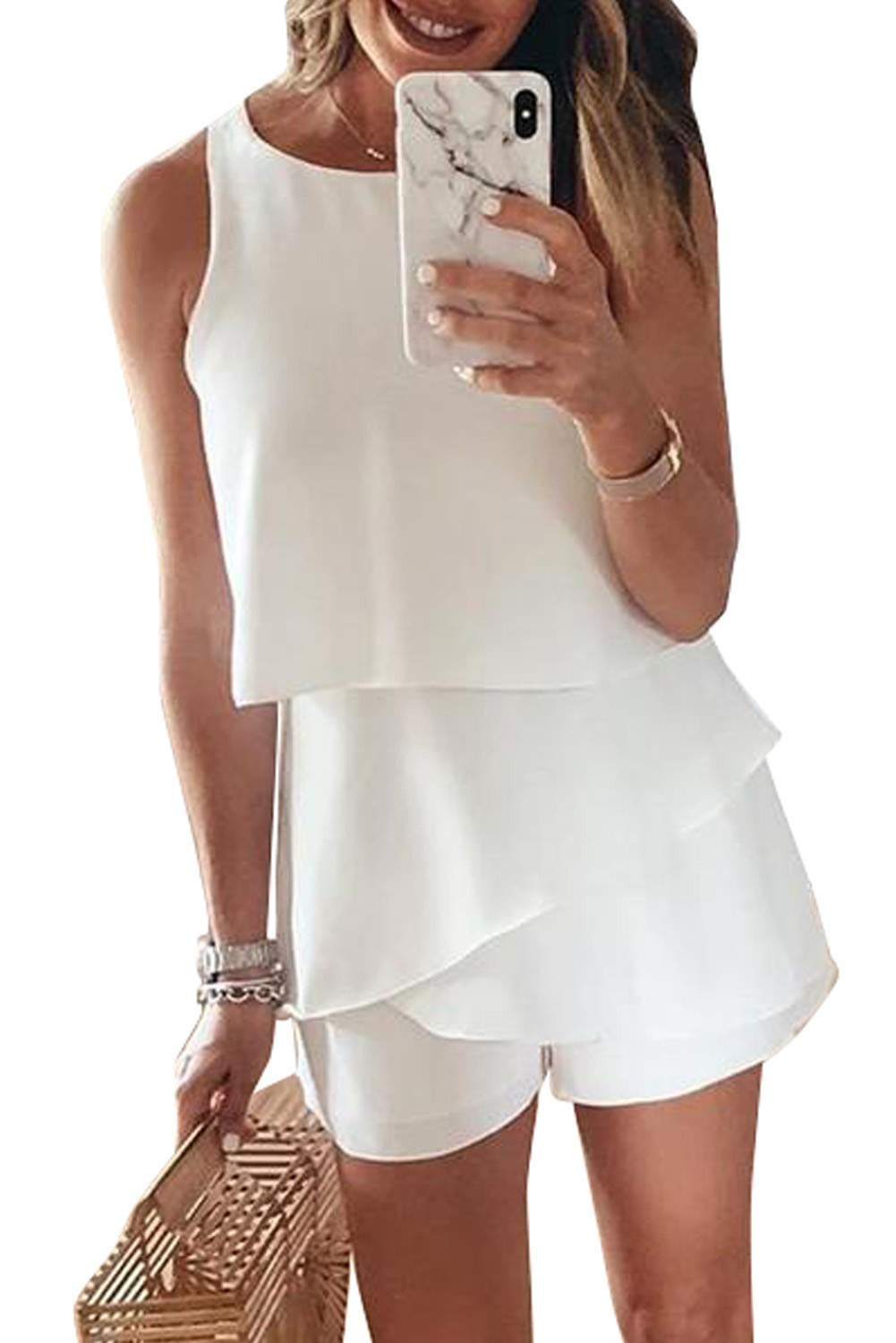 Maavoki Mono sin mangas para mujer, con volantes, parte superior con pantalones cortos.