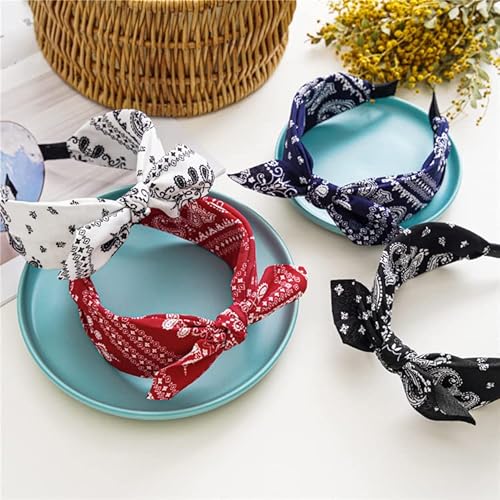 Lvyeer Paisley Print Wide Bow Headbands For Women Bandana Rabbit Ear Elastic Hairband Cute Knot Headbands Hair Accessories (Style 1: (Red, White, Navy, Black) #TOP3