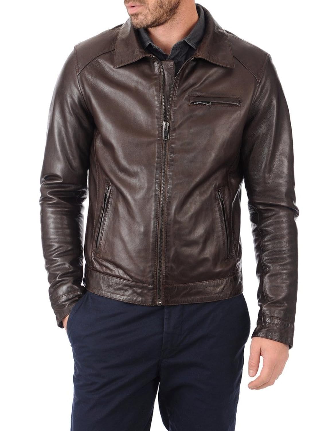 Premium Leather Motorcycle Jacket, Dark Brown, Classic Collar, Zip Front-picture-47