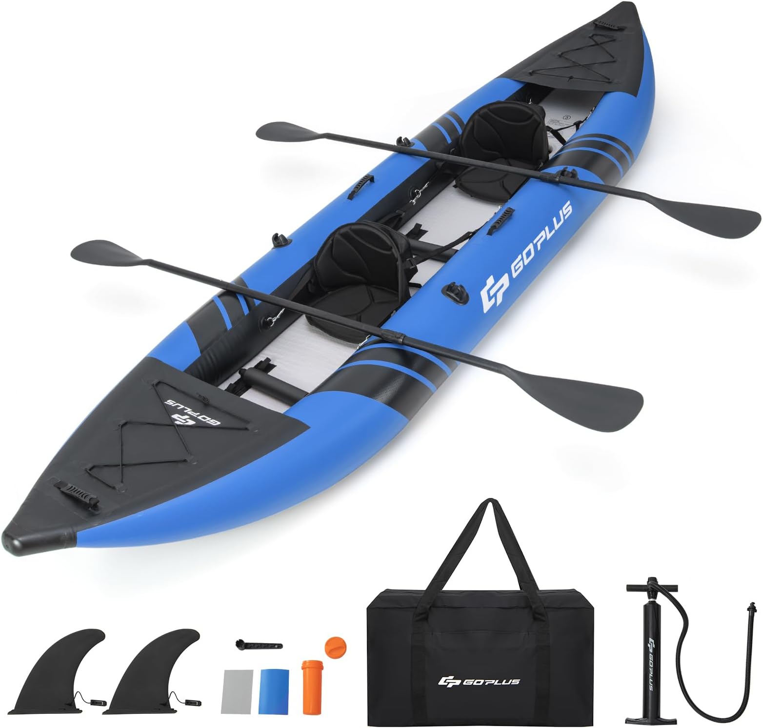 Goplus Tandem Inflatable Kayak, 12.5FT 2-Person Kayak for Adults w/507 LBS Weight Capacity, 2 Aluminium Oars, Padded Seat, 2 Fins, Hand Pump, Carry Bag, Repair Kit, Portable Touring Kayaks