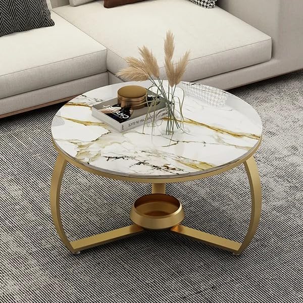 Image of Coffee Table Side Table, MDF Metal, with Storage Basket for Living Bedroom | Side End Table for Living Room, Bedroom, Office (White Gold)
