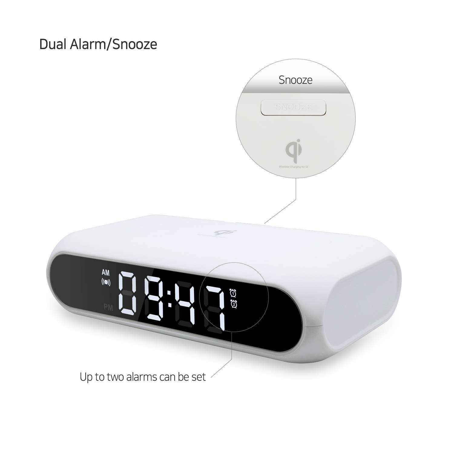mooas Qi Wireless Charging Slim Mirror Orologio da scrivania (bianco), sveglia digitale compatta con porta USB, caricabatterie wireless per iPhone 8/8+/XS/XR/11/11Pro, Airpods, Samsung Galaxy