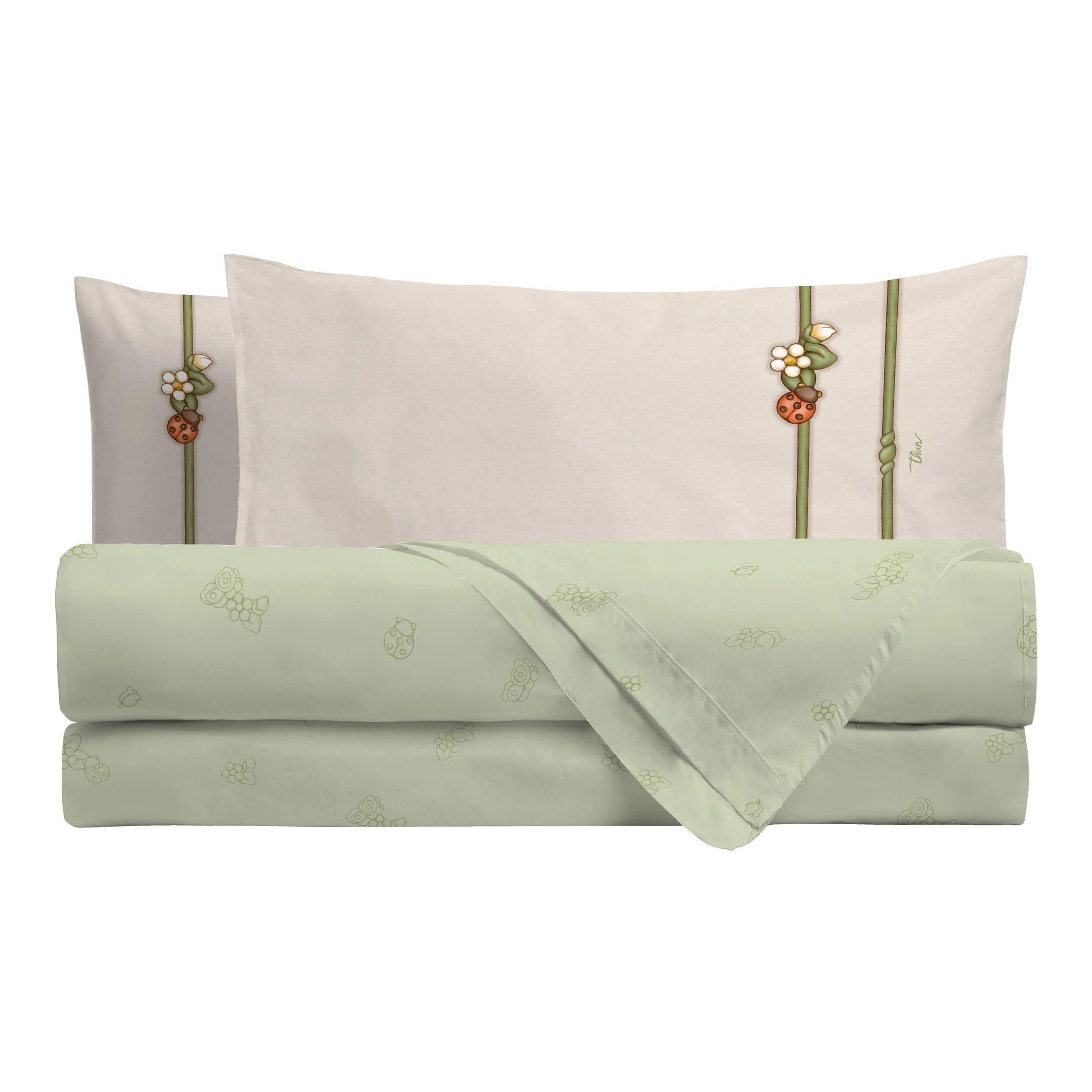 THUN Completo Letto Matrimoniale in Cotone Country Bloom Beige Verde