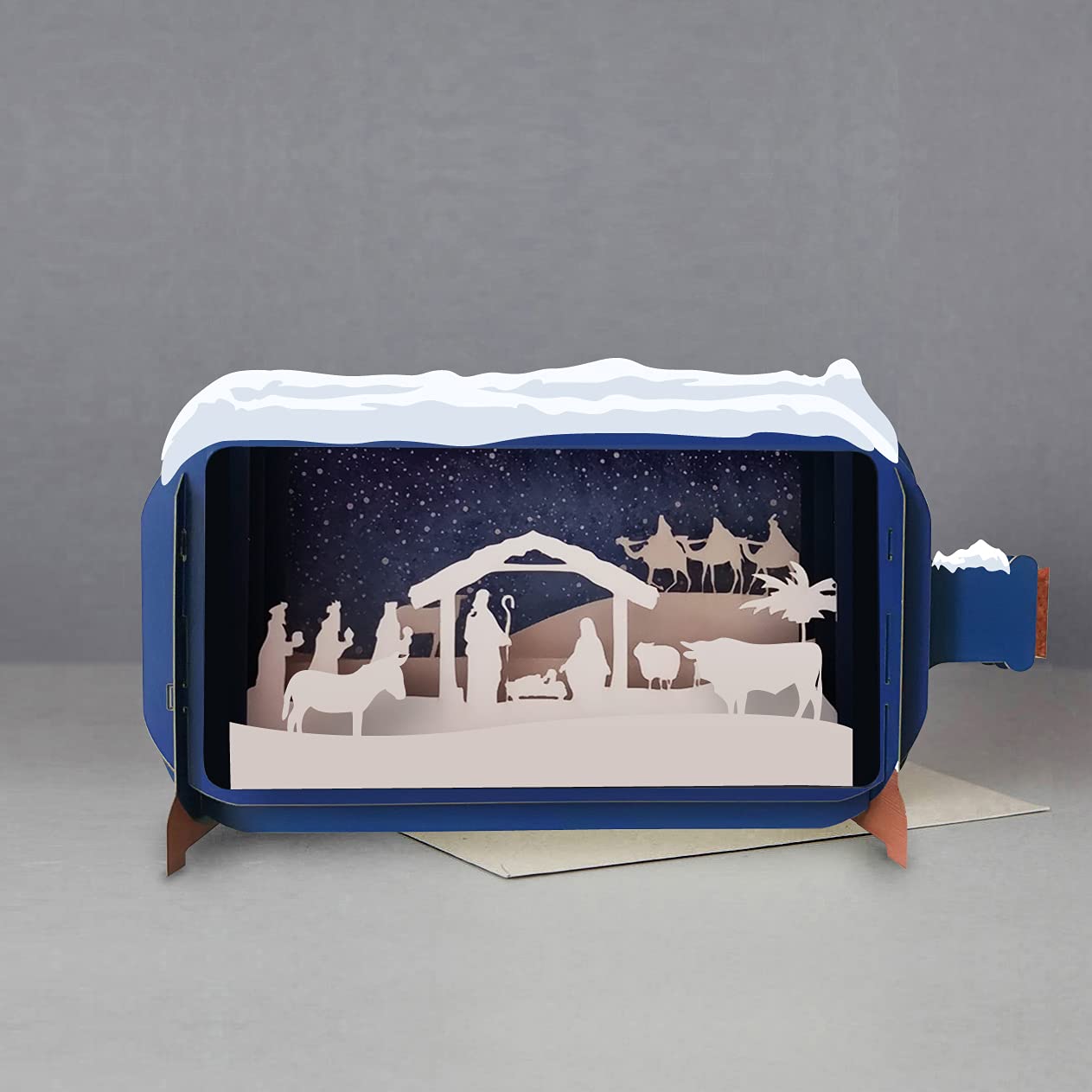 Message In A Bottle Nativity Scene Pop Up Christmas Greeting Card By Alljoy Card XMIB013, beige|green, 24cm x 15cm - Image 4