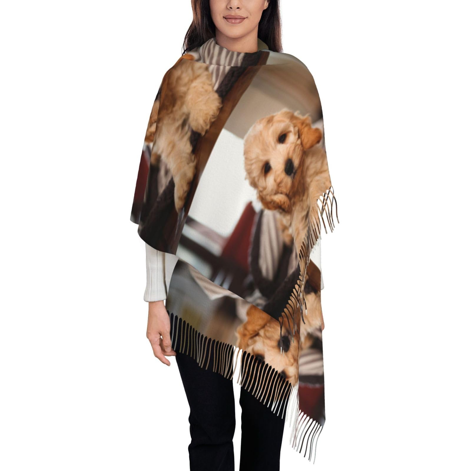 Poadnly Unisex As Picture Cockapoo Beige Curly Dogs Pets Dogs, Large Soft Cashmere Feel Shawls Wraps Women Fringed Scarf Light Stole 197X72 Cm