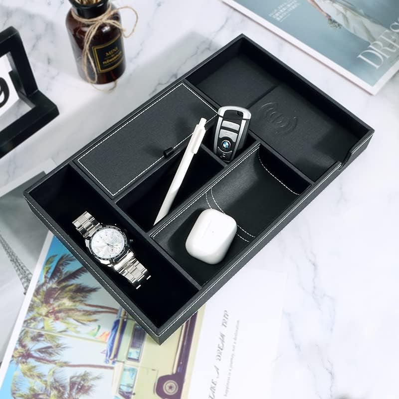 SANZIE Leather Tray with Wireless Charger - Nightstand Organizer for Phone, Wallet, Keys, Sunglasses, Watches, Jewelry, and More (Black)