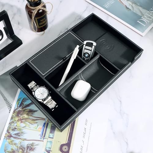 Sanzie Leather Tray With Wireless Charger - Nightstand Organizer For Phone, Wallet, Keys, Sunglasses, Watches, Jewelry, And More (Black) #TOP4