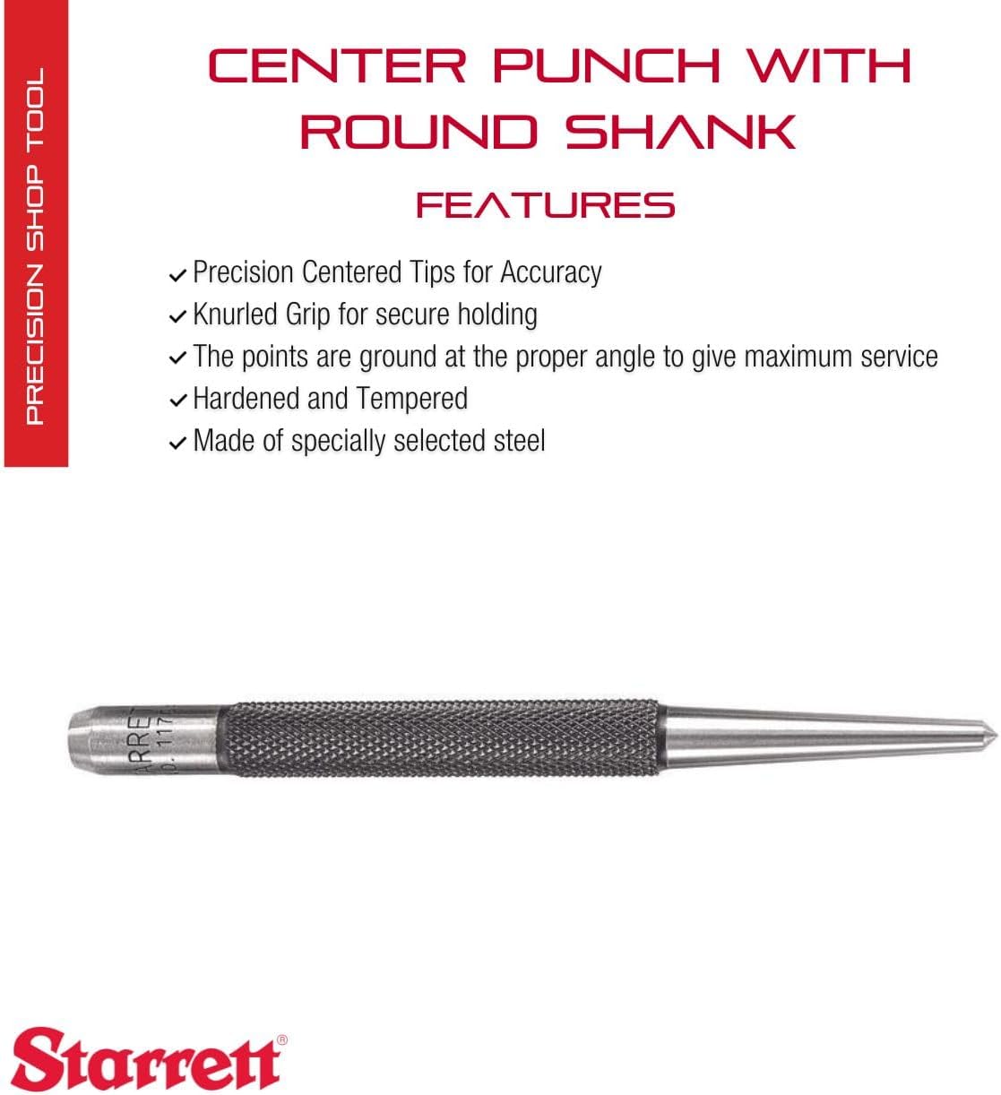 Starrett Steel Center Punch with Round Shank and Knurled Finger Grip - Hardened and Tempered, 4" Length, 1/8" Diameter Tapered - 117C