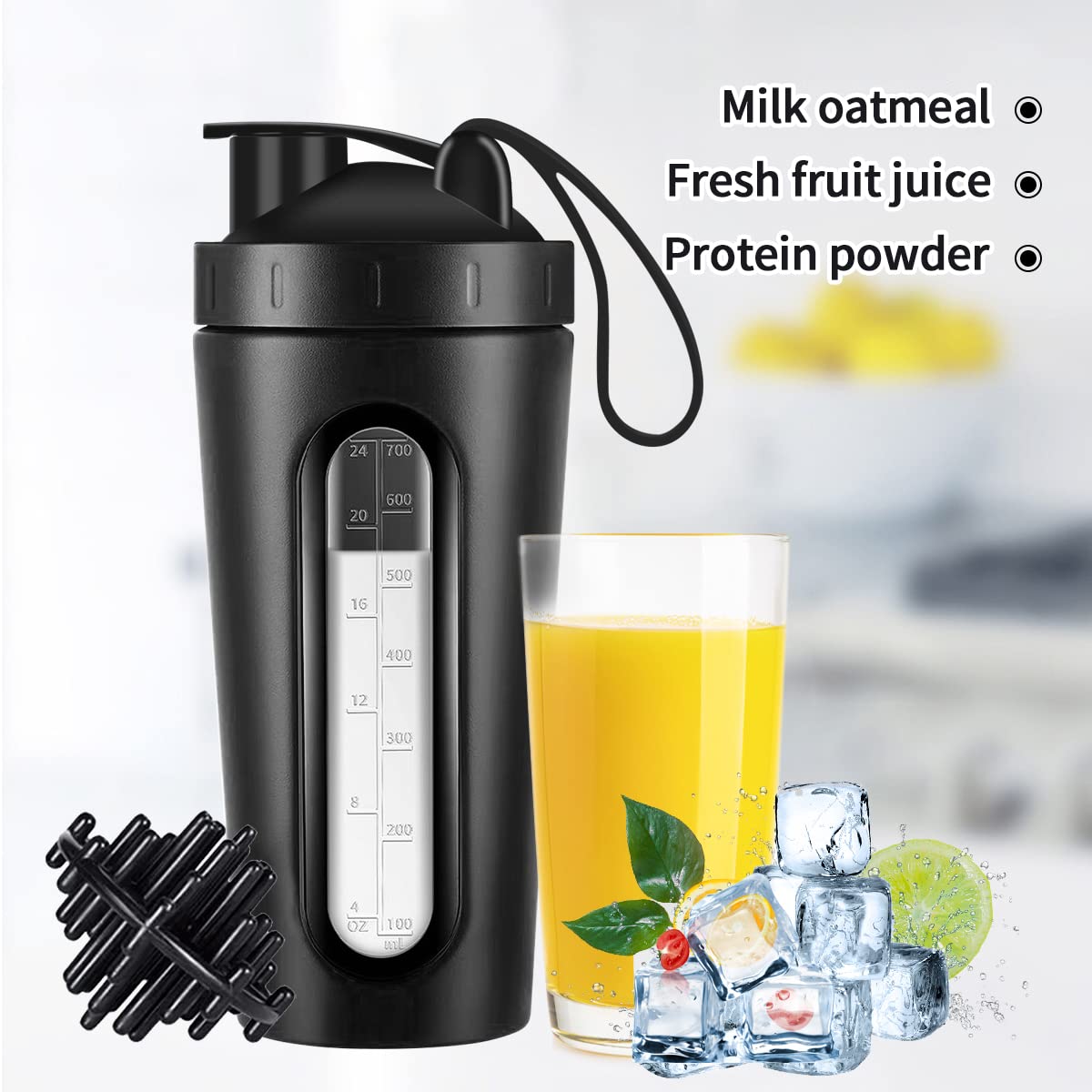 Protein-Shaker-Flasche, 793.8 g Shaker-Flaschen für Proteinmischungen und Pre-Workout, Sichtbares Fenster, Edelstahl-Shaker-Flasche auslaufsicher (schwarz)