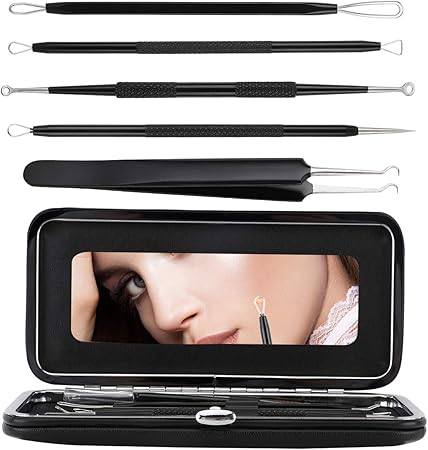 Amazon ニキビ取り Luxspire 毛穴ケア専用キット ニキビケア ステンレス 角栓プッシャー 毛抜き いちご鼻すっきり にきび 角質 黒ずみ取り フェースケア器具 セルフスキンケア 使え簡単に 鏡 収納ケース付 5本セット ブラック Luxspire 毛抜き 通販