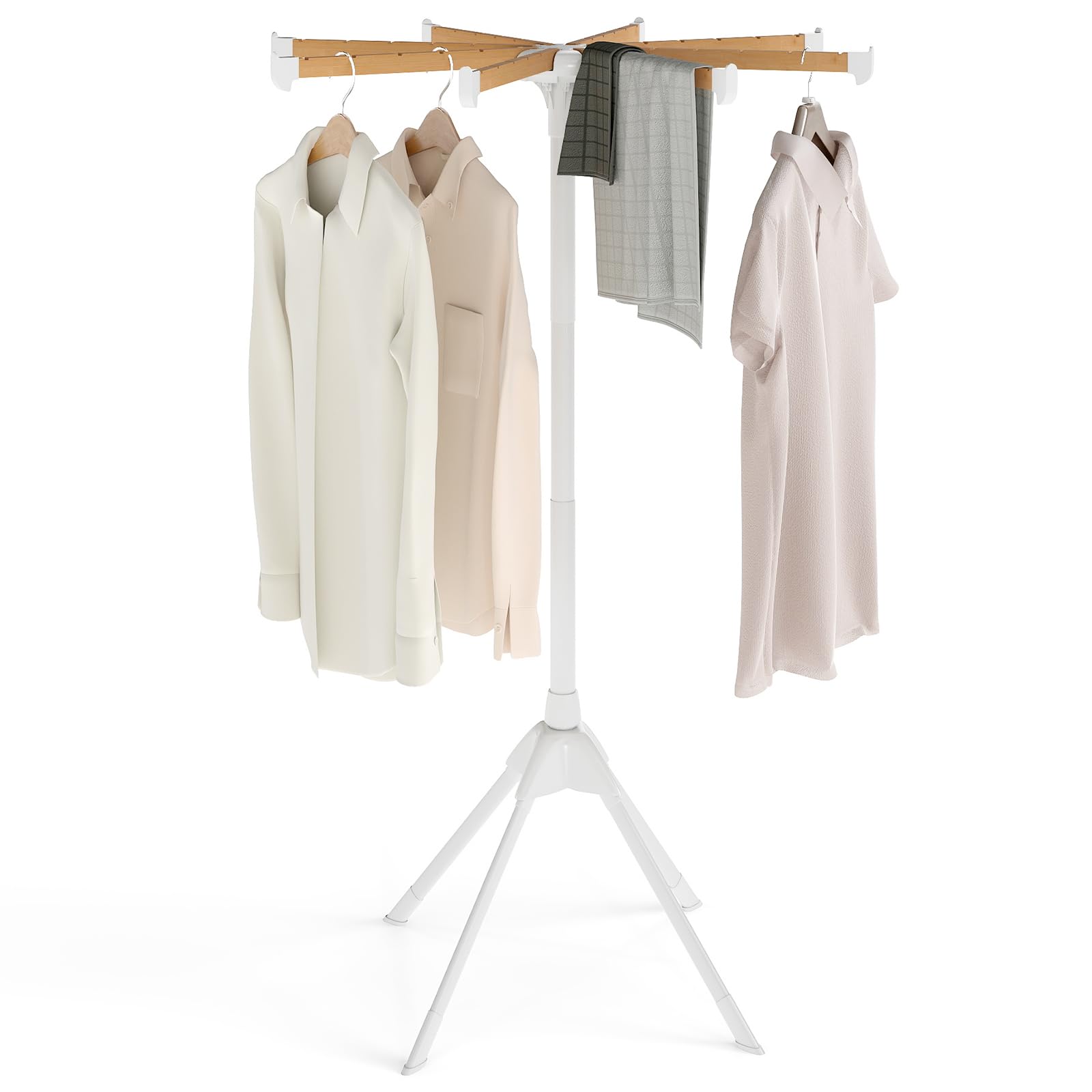 COSTWAY Tendedero Plegable de 4 Patas, Tendedero de Ropa con 8 Barras de Bambú, 40 Ranuras para Perchas y Estructura Metálica Resistente, Drying Rack Interior Exterior
