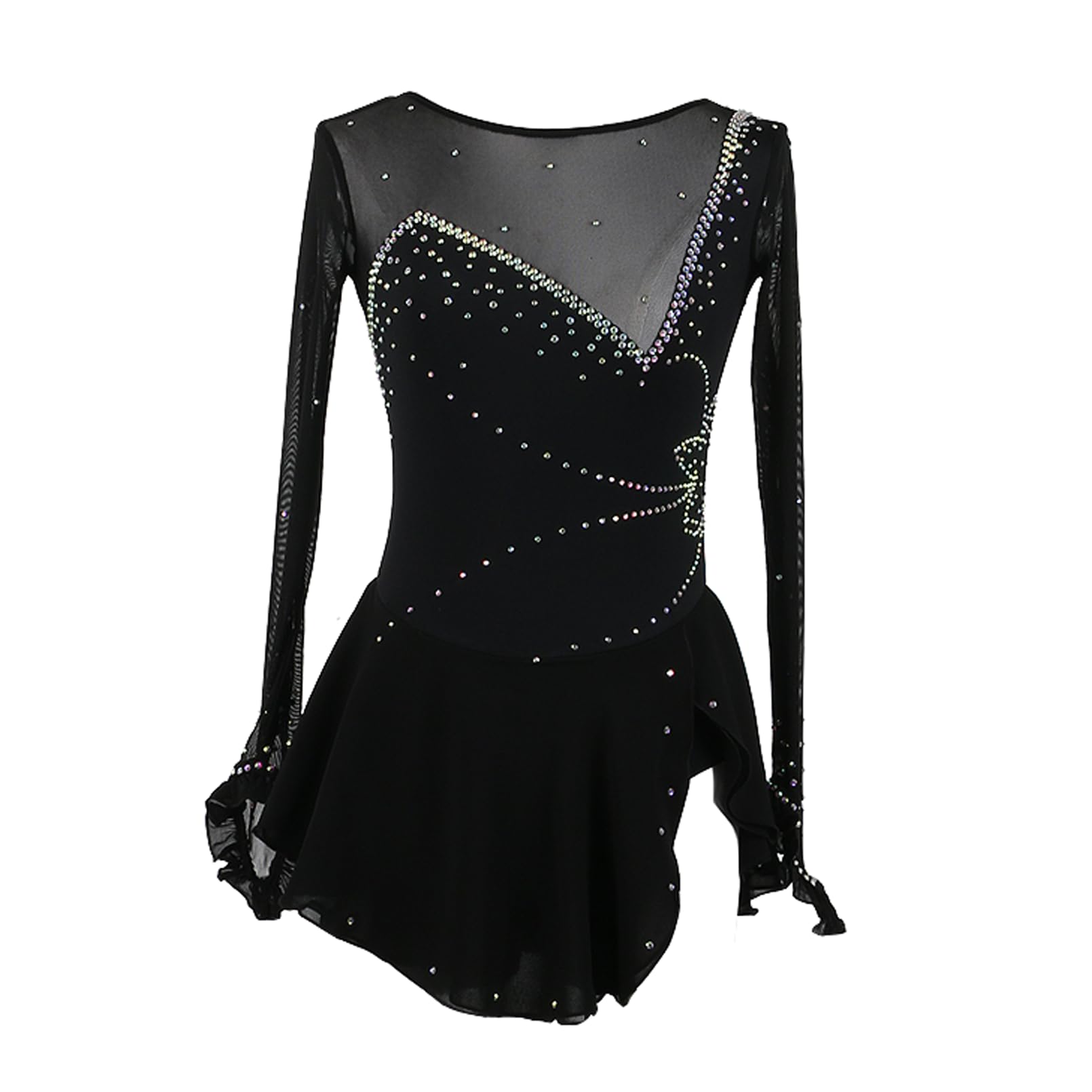 Eiskunstlauf Kleid Schwarz Frauen Mädchen Strass Eislaufen Kleid Langärmelig Figureskates Gymnastik Kürkleid