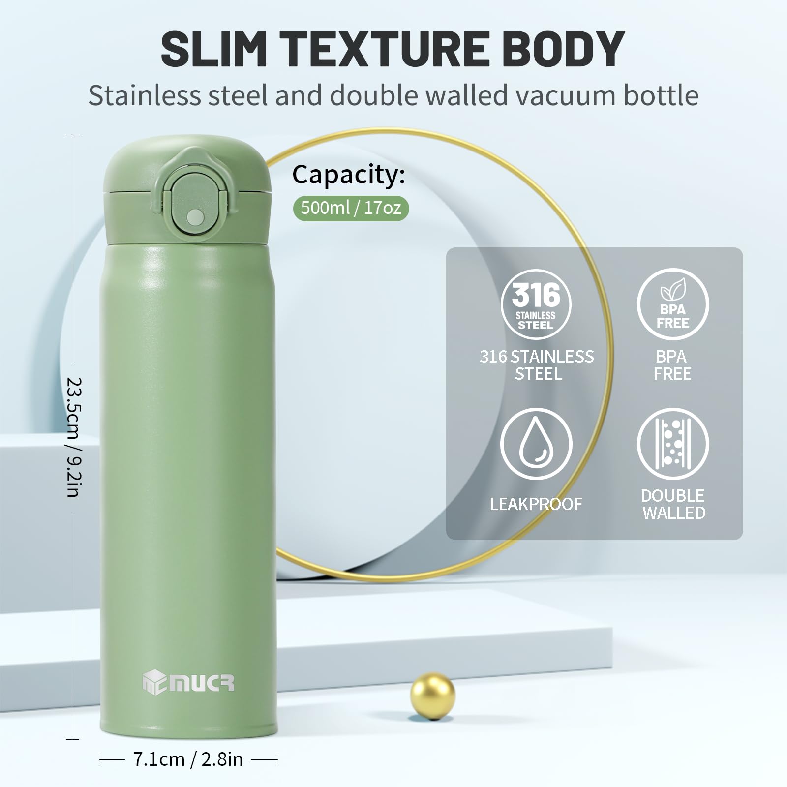 Botella de agua aislada de 500 ml, taza térmica de viaje de acero inoxidable, taza térmica con tapa abatible a presión, sin BPA para beber caliente y frío, verde