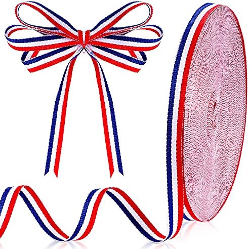 Red White Blue Striped Grosgrain Ribbon Use for Memorial Day Gift Wrapping, Party Decoration, DIY Crafting and Sewing (3/8 Inch x 50 Yard, Red, White, Blue)