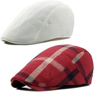 2Pcs Plaid Newsboy Hat Flat Beret Cabbie Ivy Gatsby Cap Lattice Stripe Men Paperboy Hats