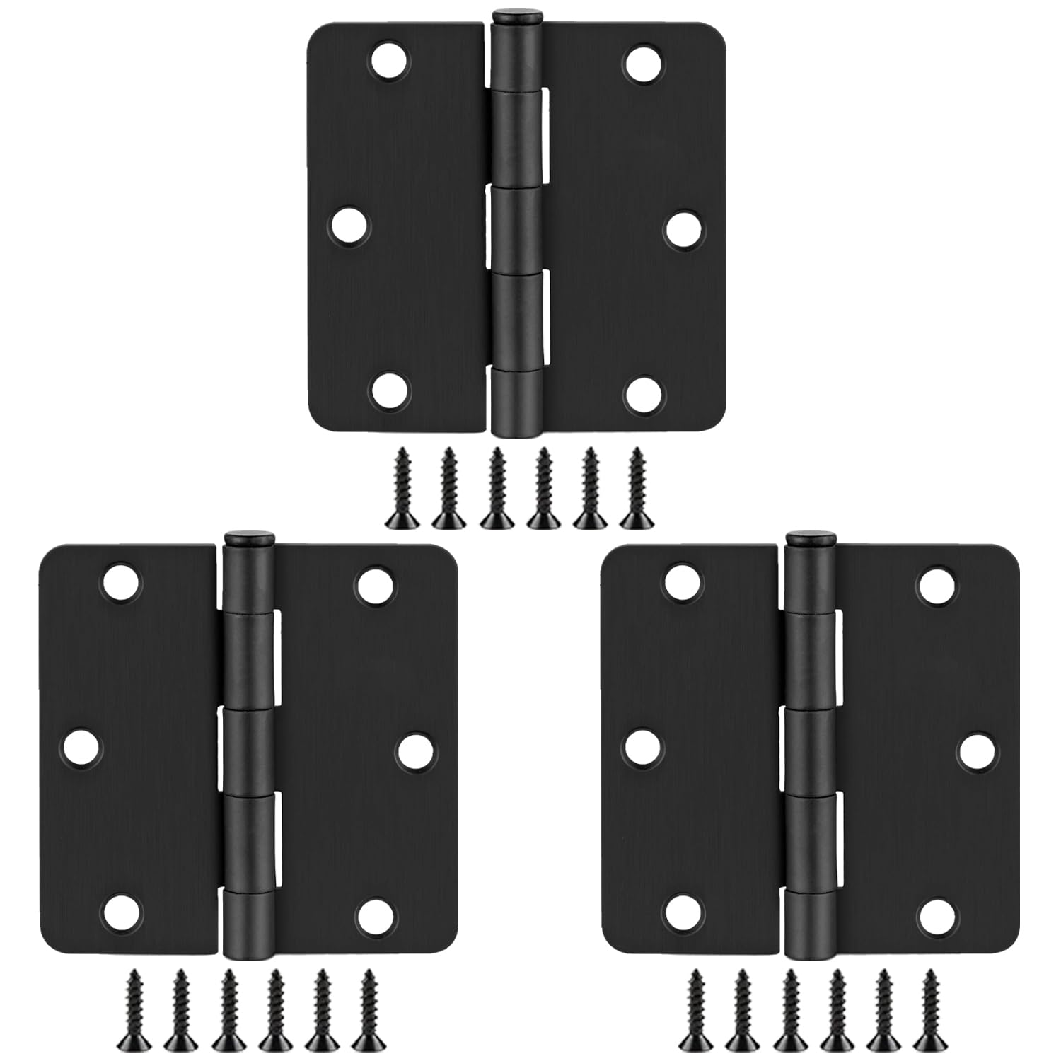 3 Pack Matte Black Door Hinges 3x3 Inch Standard Bedroom Black Hinges for Interior Doors Rounded 1/4" Radius Corners Iron Hinge Door Round Hinge Hardware