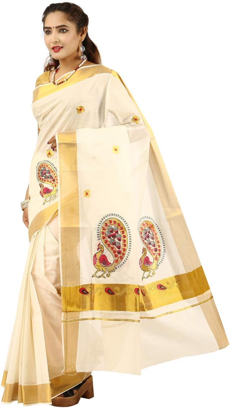 selvamani tex cotton kerala kasavu zari saree with blouse (Beige)