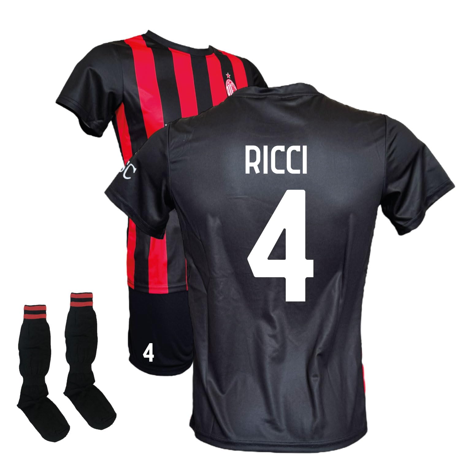ACM 1899 Completo Ricci 4 Maglia Pantaloncini Neri e Calzettoni, Replica Ufficiale 2025/2026, Rossonera a Strisce, Adulto e Bambino