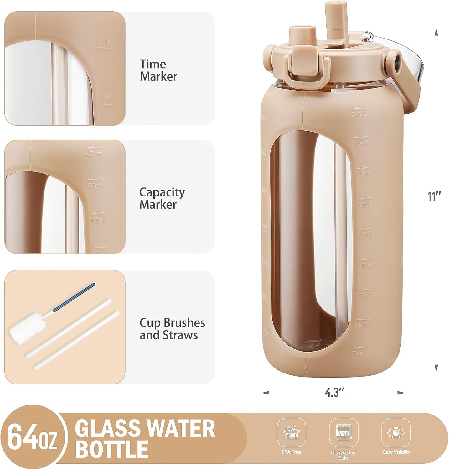 BLUEGO 64oz Glass Water Bottles with Straw Time Marker Half Gallon Large Motivational Water Bottle with Silicone Sleeve 2 Liter Large Glass Water Jug for Gym, Sports& Workout, Daily, Amber - Image 5