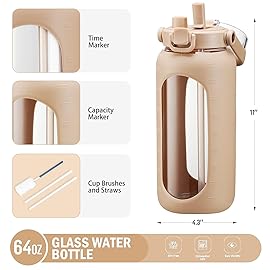 BLUEGO 64oz Glass Water Bottles with Straw Time Marker Half Gallon Large Motivational Water Bottle with Silicone Sleeve 2 Liter Large Glass Water Jug for Gym, Sports& Workout, Daily, Amber