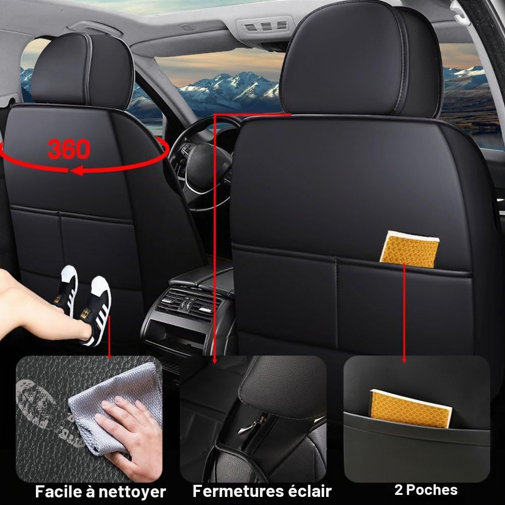 Housses de Siège Auto Universelles en Cuir Synthétique - Durable, Imperméable, Respirant pour 2 Sièges Avant BMW Série 1, 3 (2005-2012), 5 (2005-2018), X1, X2, X3