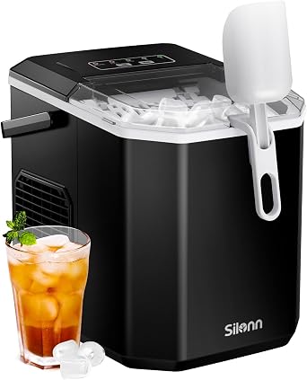 Silonn Ice Maker Countertop, Portable Ice Machine with Carry Handle, Self-Cleaning Ice Makers with Basket and Scoop, 9 Cubes in 6 Mins, 26 lbs per Day, Ideal for Home, Kitchen, Camping, RV