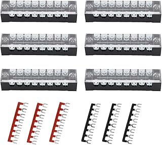 Ruidee 12pcs (6 Set) Terminal Block 8 Positions Dual Rows Covered Screw Terminal Block 600V 25A + 6Pcs 8 Positions Pre-Insulated Fork Terminal Barrier Strip Red/Black 400V 25A TB-2508
