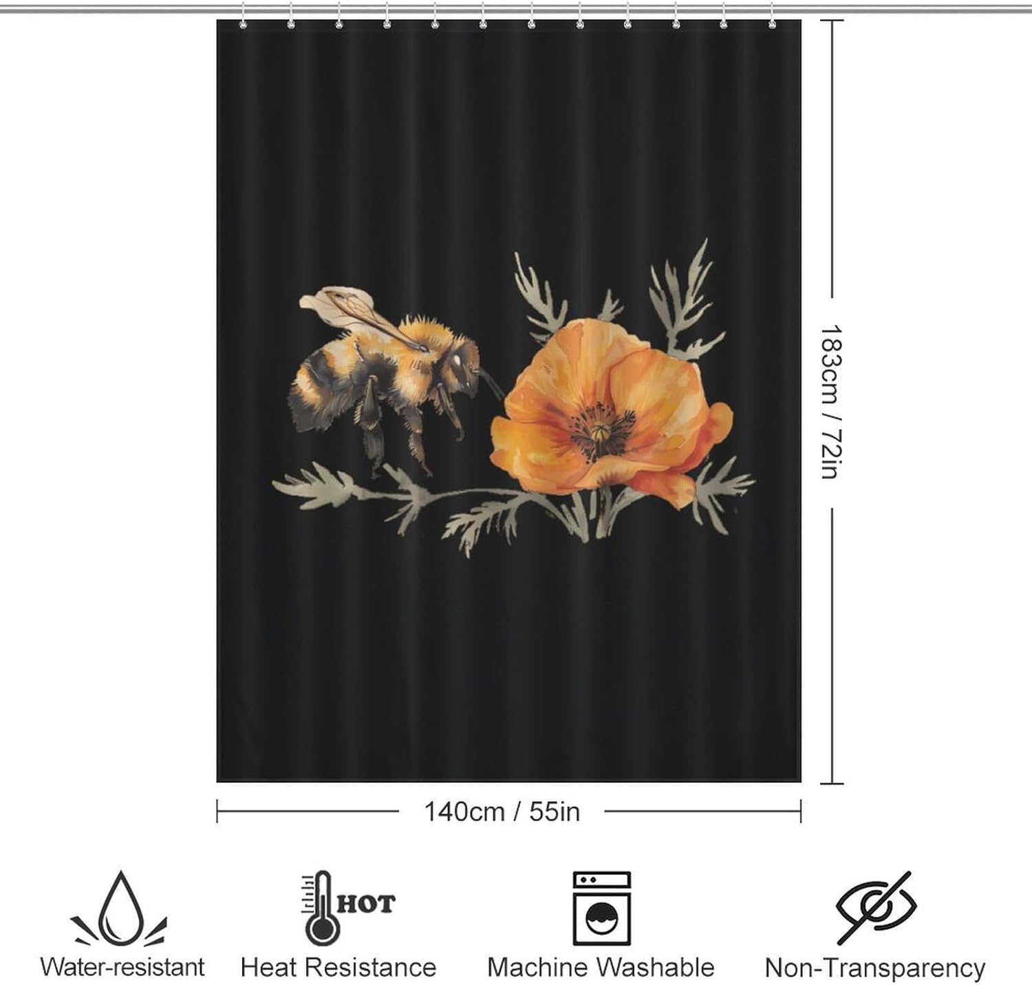 Watercolor Honey Bee Funny Shower Curtains Washable Bath Curtain Liner with Hooks for Bathroom Bath Tubs 55x72Inch（140x183cm）