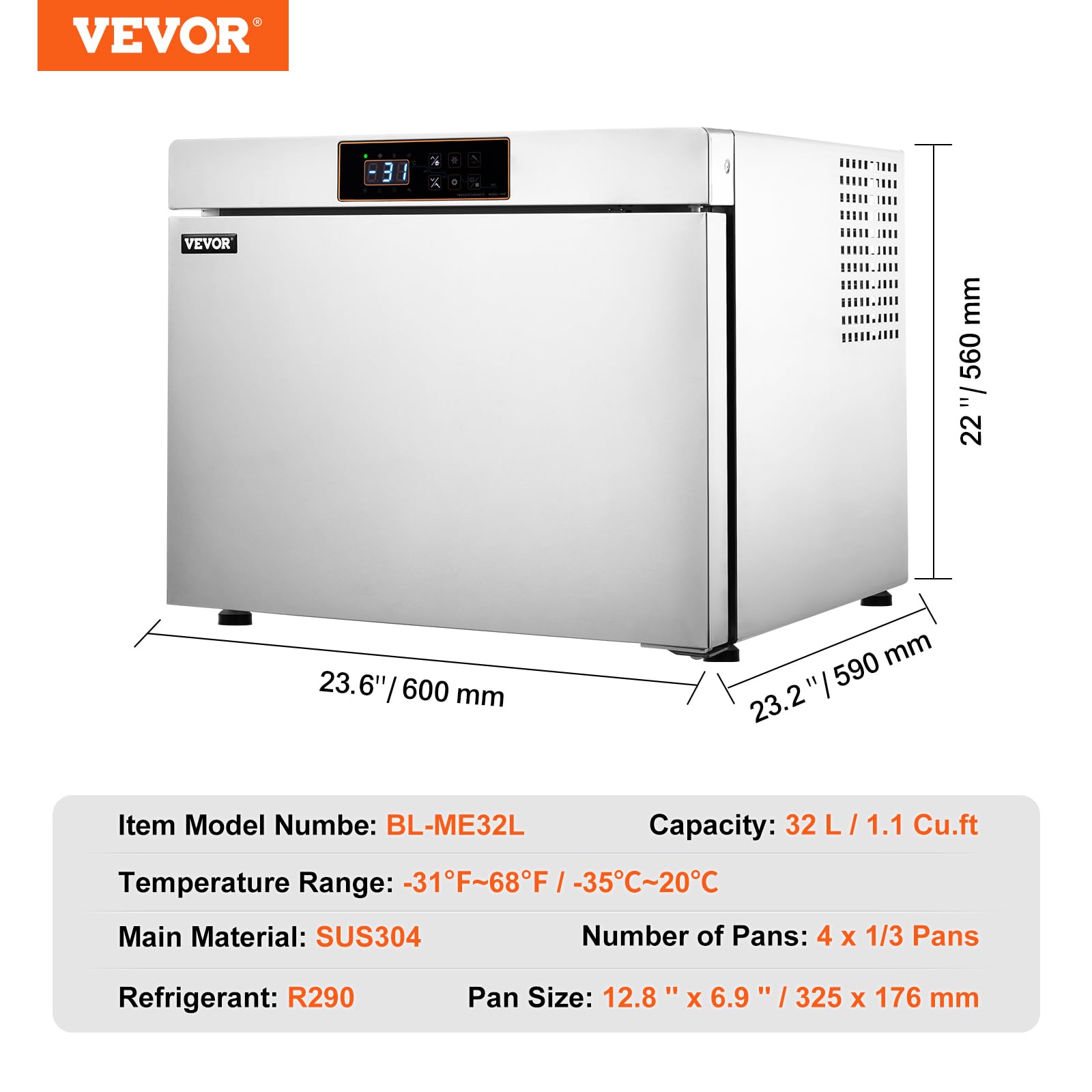 VEVOR Congelatore per Frutti di Mare Uso Commerciale Abbattitore Rapido 32 L con 4 Vassoi Dimensioni 1/3, Congelatore Commerciale per Alimenti Acciaio Inox con Ruote per Cucina Commerciale Ristoranti