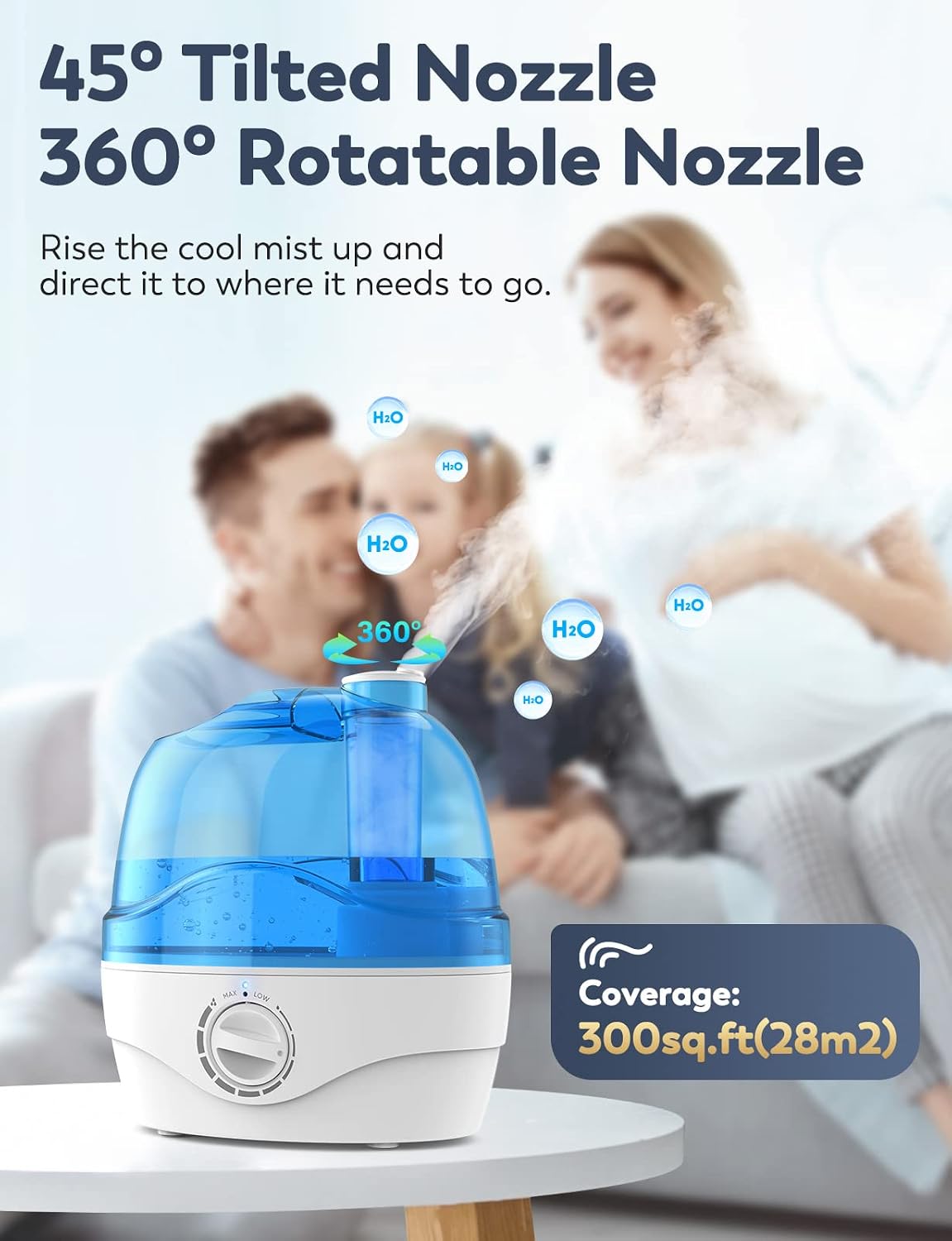 Humidifiers for Bedroom - 2.2L Cool Mist Humidifiers with Wide-Opening, Stepless Adjustable Mist Levels, 360° Rotatable Nozzle, Whisper-Quiet Operation, Air Humidifiers for Baby Room, Home, Office