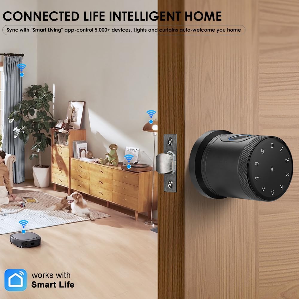 Smart Fingerprint Door Lock, Smart Fingerprint Door Knob with Keypad, Biometric Door knobs with with App Control, Keypad, Key, fingerprint, IC Card, Anti-Slip Handle Door Knob for Bedroom,Home,Office