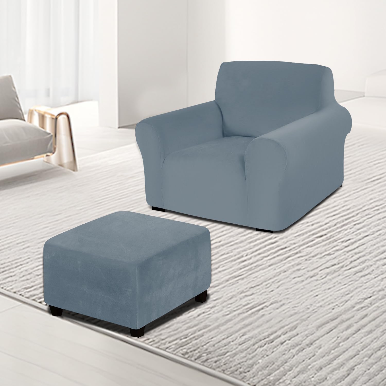Velvet armchair cover with ottoman cover set, Stretch single sofa slipcover with square footstool cover for Armchair Bundle Ottoman (Grey Blue,armchair cover+ottoman cover)