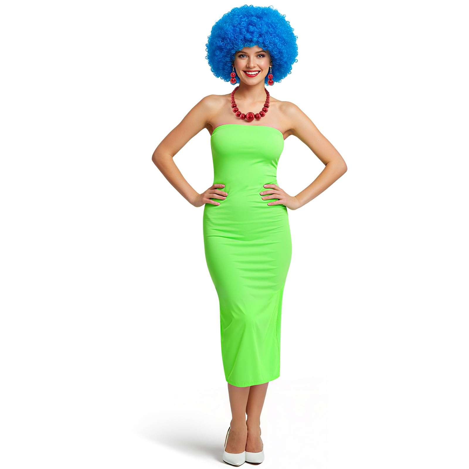 Mepase 4-teiliges Cartoon-Halloween-Kostüm-Zubehör-Set, blaue Perücke, Kleid, Schnur, Halskette, Ohrringe, Cartoon-Charakter für Damen