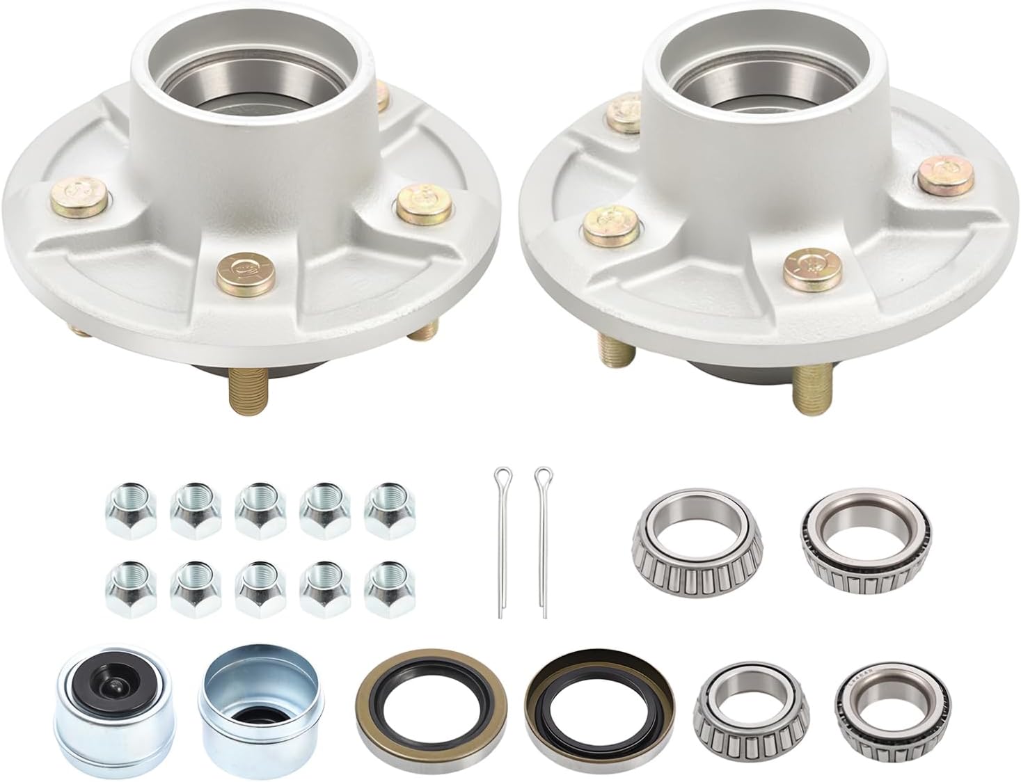 Nakkaa Galvanized Trailer Idler Hub Kit 5 Bolts on 4.5 Inch Circle Compatible with 3500 LBS Trailer Axle 1-1/16 Inch to 1-3/8 Inch Tapered Spindles Bearings Set of 2 with Grease Seal Grease Cap