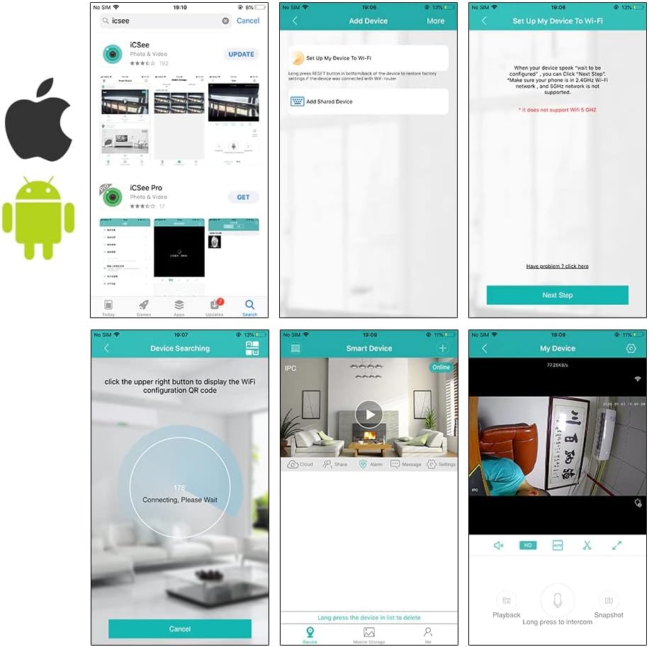 Screenshots of the ICSee app installation and device setup process.