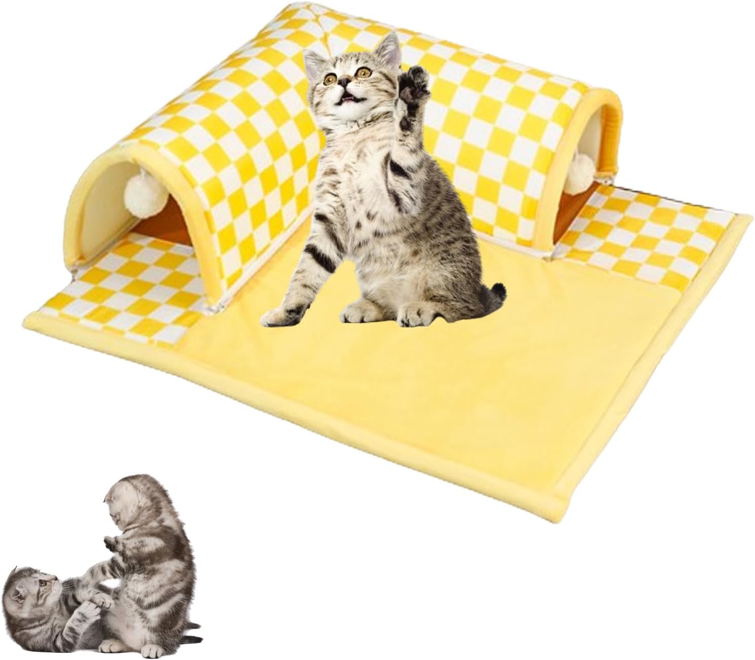 2in1 Funny Plush Plaid Cat Tunnel Cat Bed, Plaid Cat