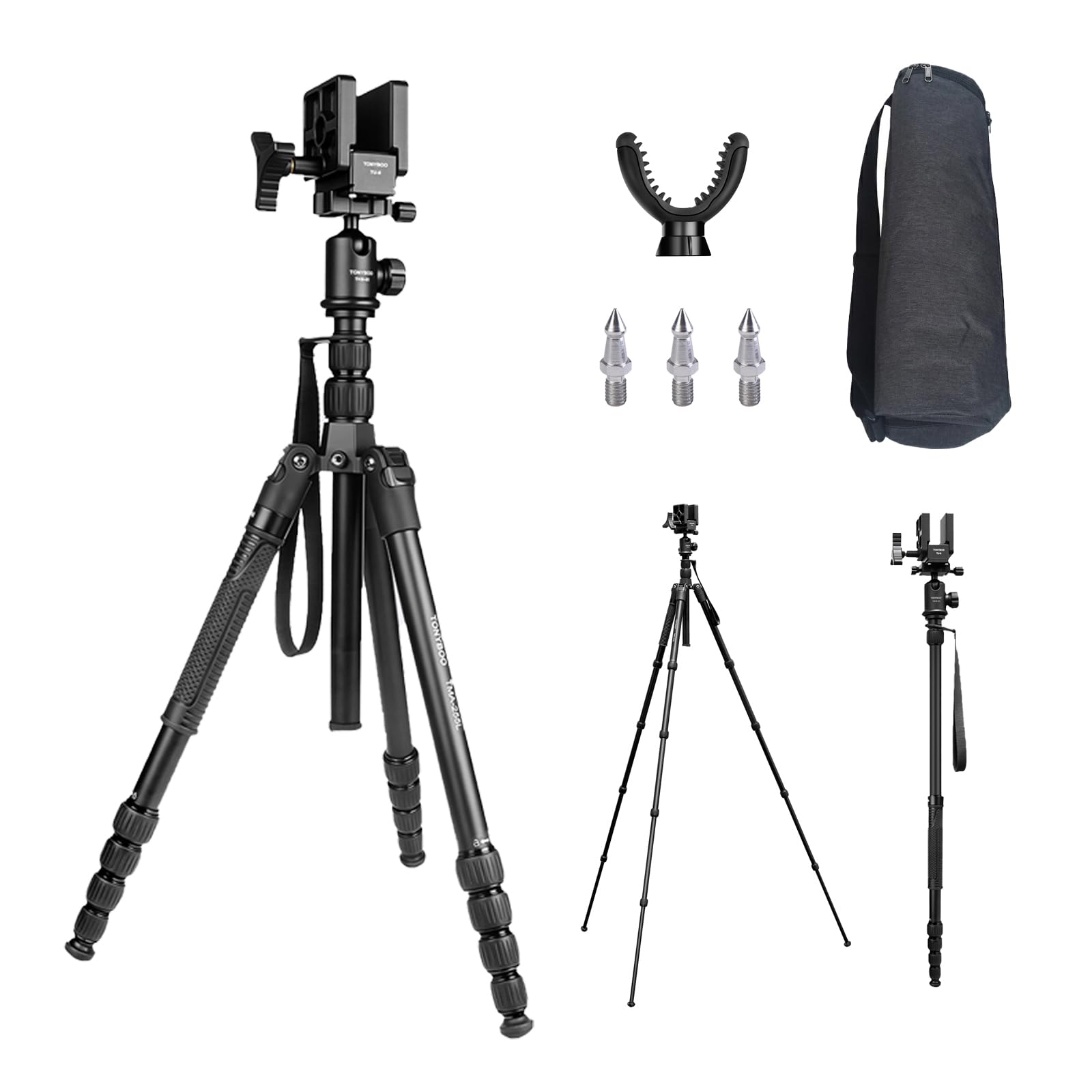 TONYBOO 2-in-1 Aluminum Hunting Tripod with 360° Ball Head and Rifle Clamp Saddle, Heavy Duty CNC Machining Shooting Tripod Adjustable 22.5"-74" for Rifle Shotgun Crossbow, No-Wobble Target Tracking