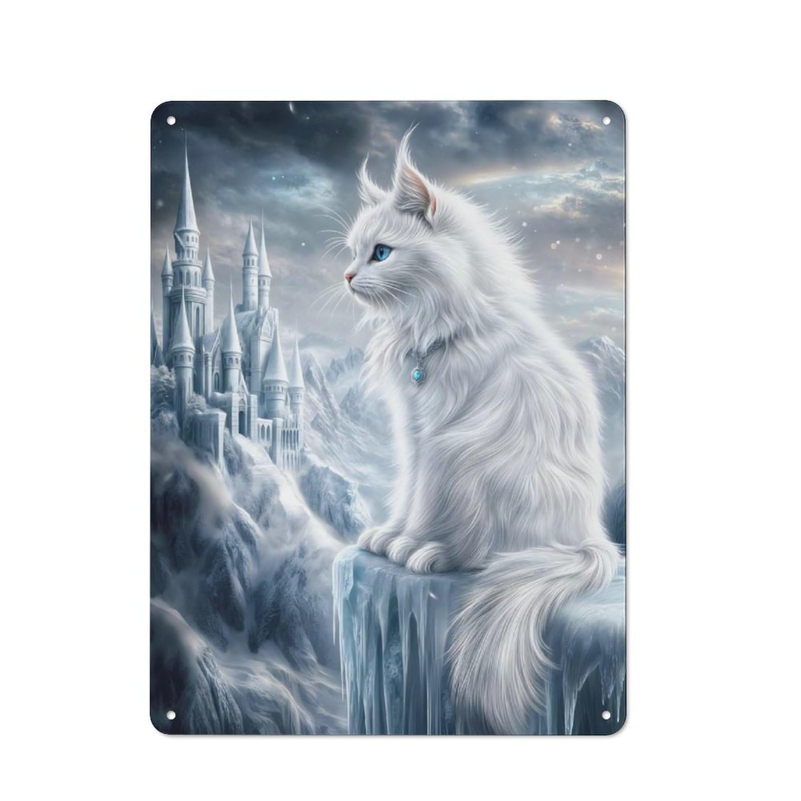 White Cat And Frozen Castle Metal Wall Decor Sign, Easy to Hang Plaque for Living Room, Kitchen, Hallway Or Home Bar, 40x30cm