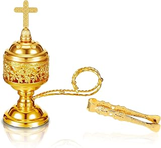 Gold Incense Burner with Tong – Frankincense Charcoal Incense Stand Aromatherapy, Yoga, Spa, Home Decor, and Church Use – Compact & Durable Bakhoor Holder