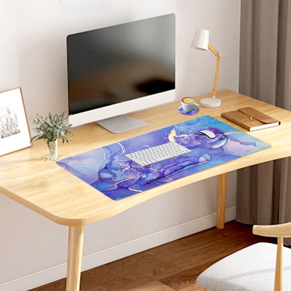 Podkładka pod klawiaturę, duża podkładka pod mysz, wsparcie nadgarstka, 4 w 1, pianka z pamięcią kształtu, ergonomiczna, podkładka pod nadgarstek, do domu, biura, gier, fioletowy marmur