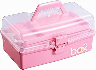 Multipurpose Tools Storage Box Organizer 3-Layer Plastic Storage Box Handled Storage Case for Art Craft Cosmetic Sewing Supplies Organizer Medicine Box Family First Aid Box with Handle (Pink)